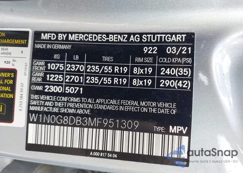 2021 Mercedes-Benz Glc 300 Suv z USA, uszkodzony, nr VIN W1N0G8DB3MF951309